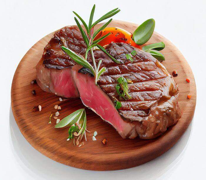 Grilled ribeye steak on wooden board representing calorie and carb focused dieting